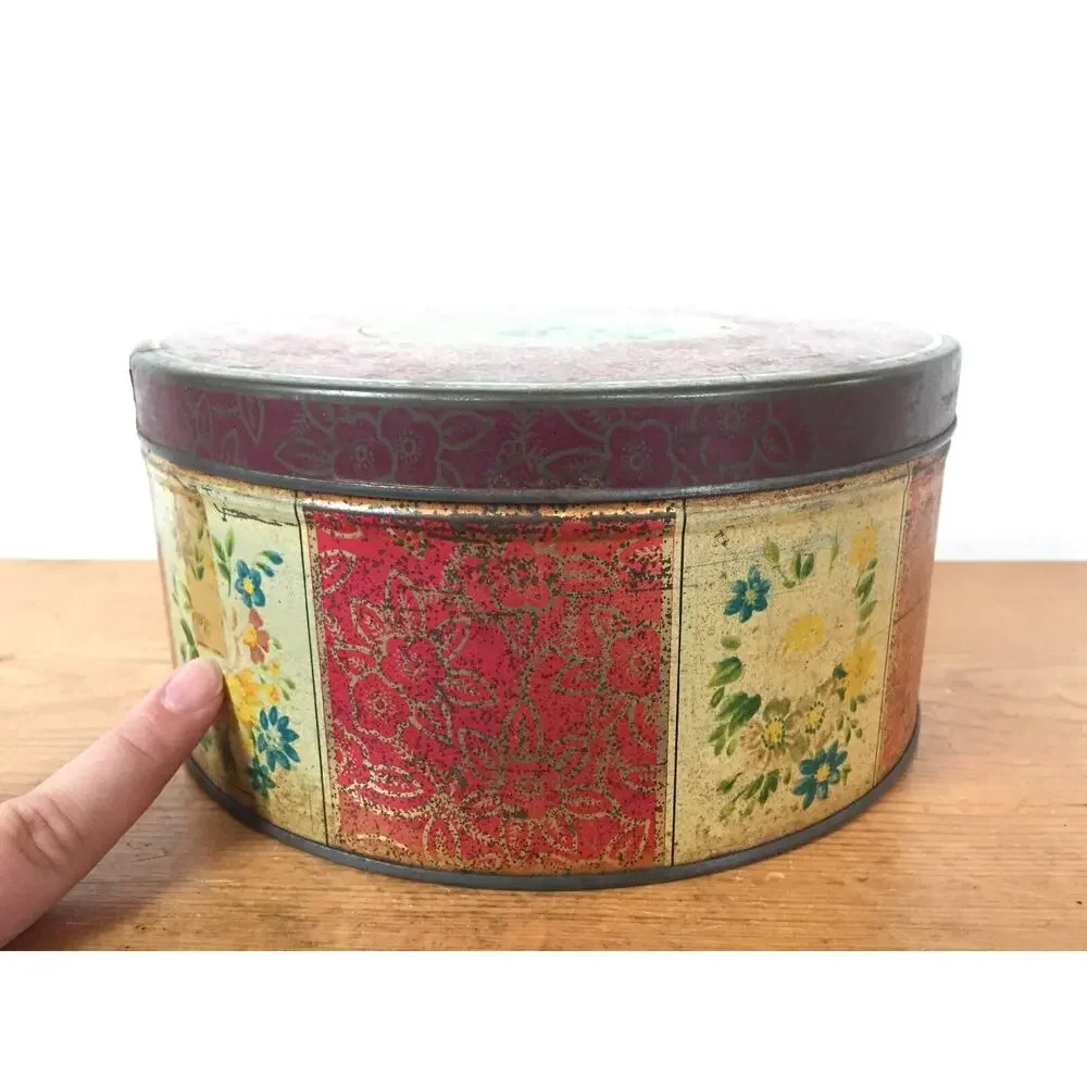 Vtg Huntley Palmers Floral Round Metal Biscuit Wafer Cookie Tin London England